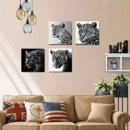 4pcs Modern Elegant Black & White LeopardWall Art Canvas Framed