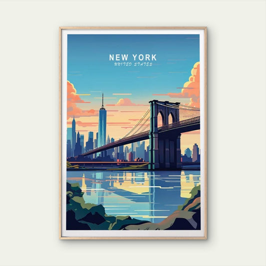 New York In USA, Brooklyn Bridge Paint Travel Poster Print Wall Art