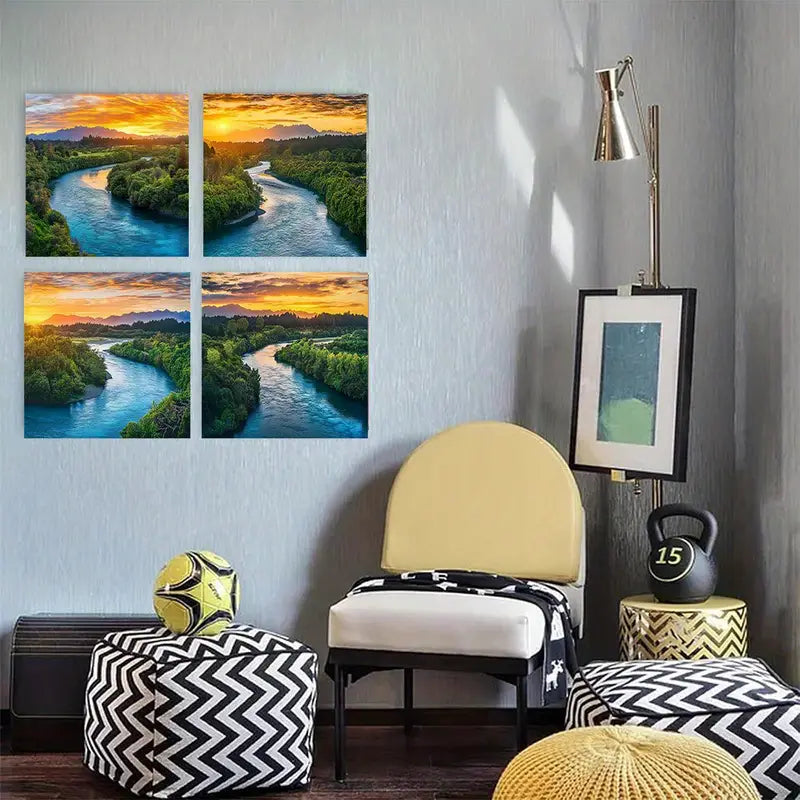 4pcs Serene Green Trees & Streams Sunset Scenes  Wall Art Canvas Framed