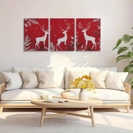 3pcs White Deer & Holly Leaves on Red Design Metal Print Ready to Hang Art