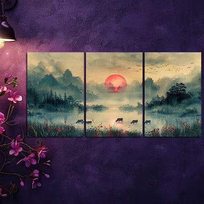 3pcs Pastoral Scene with Cows and Sheep Wall Art Set Canvas Framed 40x60cm - High Quality Print 100% Australian Made Wall Canvas Ready to Hang