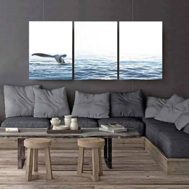 3pcs Whale Tail Ocean Coastal Blue Art Wall Art Set Canvas Framed 60x90cm - High Quality Print 100% Australian Made Wall Canvas Ready to Hang