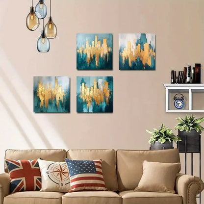 4pcs  Teal Blue & Golden Brushstroke  TB Wall Art Canvas Framed