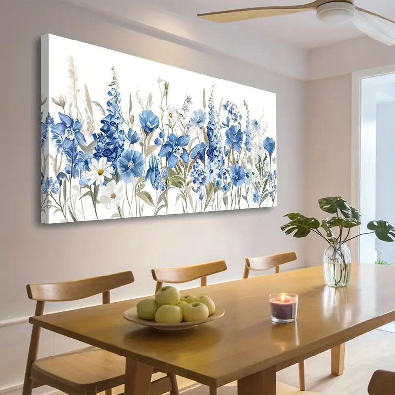 Vibrant Blue Iris & Daisy  Modern Botanical Wall Art  canvas office home room framed 120x60cm