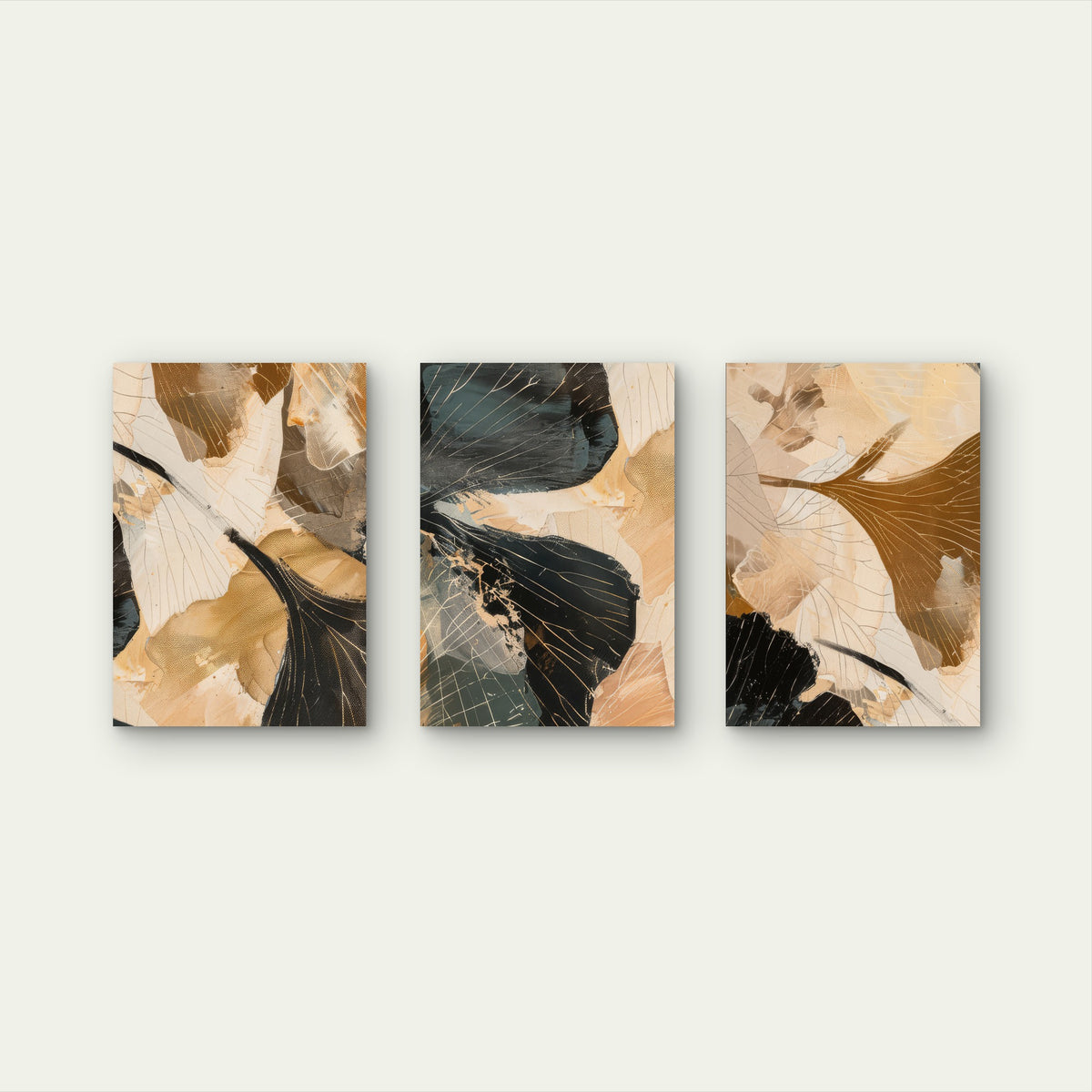3pcs Beige Black Gold Ginkgo Leaf Modern Metal Print Ready to Hang Art
