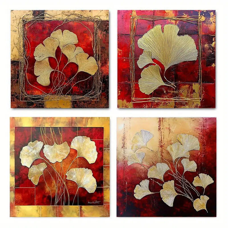 4pcs Ginkgo Flower Leaf Canvas Wall Art Canvas Framed