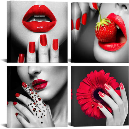 4pcs Red Lip And Nail Canvas Prints Stylish Wall Art Canvas Framed (Copy)