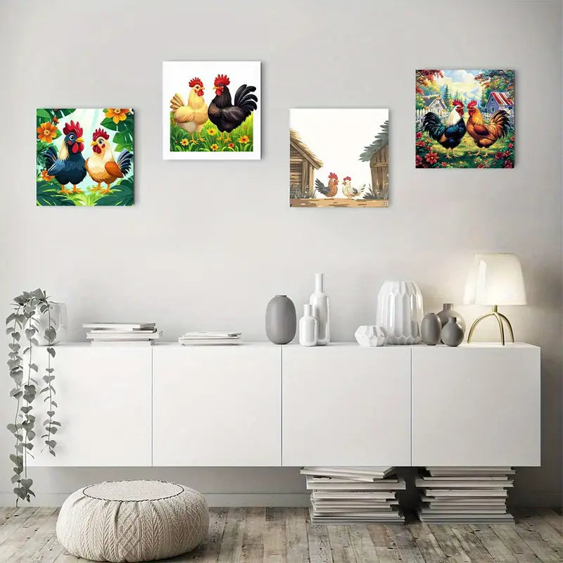 4pcs Paintings Chicken Family Wall Art Canvas Framed