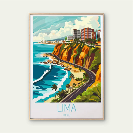 Lima Peru, Beach, Roads & Buildings Art Travel Poster Print Wall Art