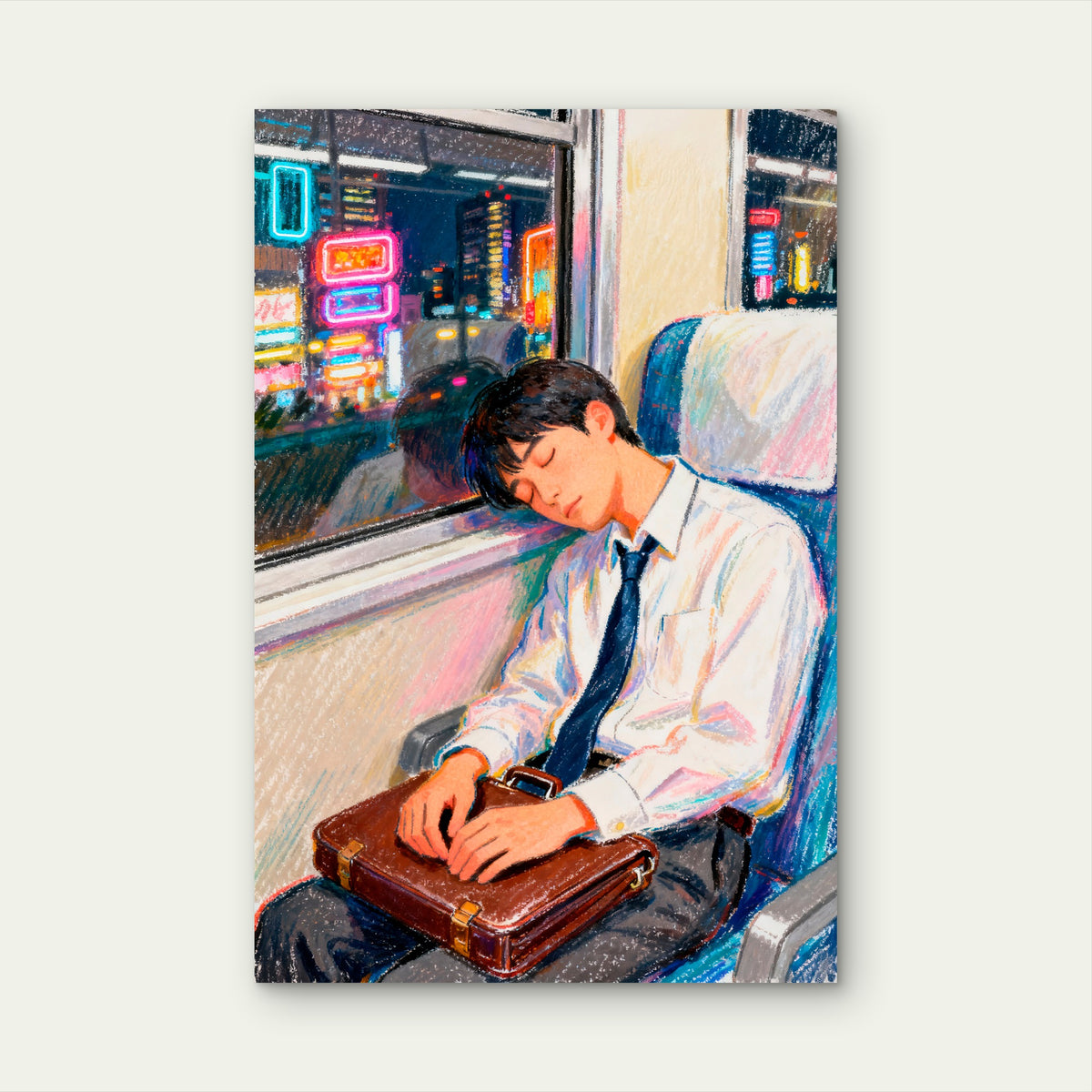 Young Man Asleep on Evening Train Commute 60x90cm Metal Print Ready to Hang
