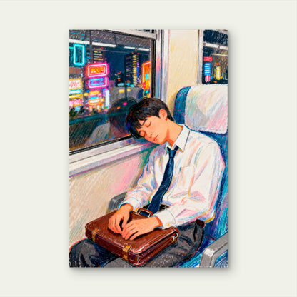 Young Man Asleep on Evening Train Commute 60x90cm Metal Print Ready to Hang