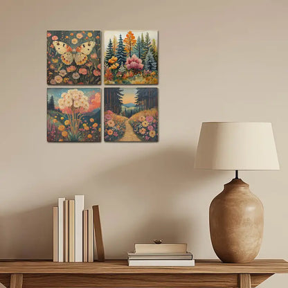 4pcs Butterfly With Flower Garden Wall Art Canvas Framed