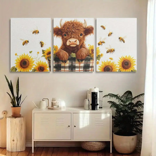 3pcs Rustic Sunflower & Bee with Cow Design Metal Print Ready to Hang Art