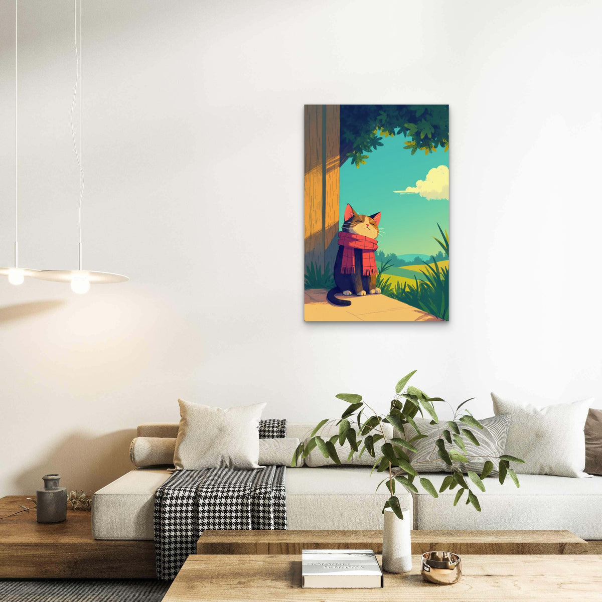 Cozy Cat in Red Scarf Enjoying the Sun 40x60cm Metal Print Ready to Hang