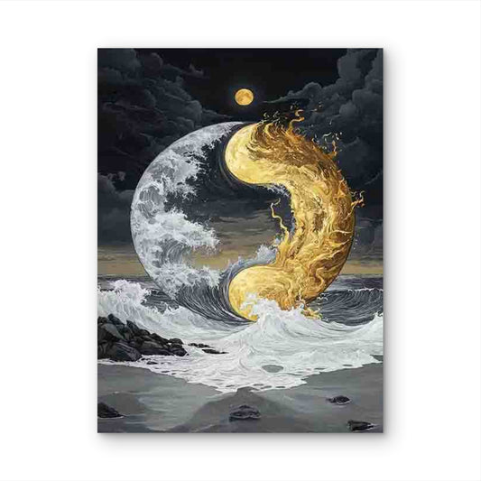 Yang Symbol with Ocean Waves & Golden Clouds 60x90cm Metal Print Ready to Hang - Bella Home Decor
