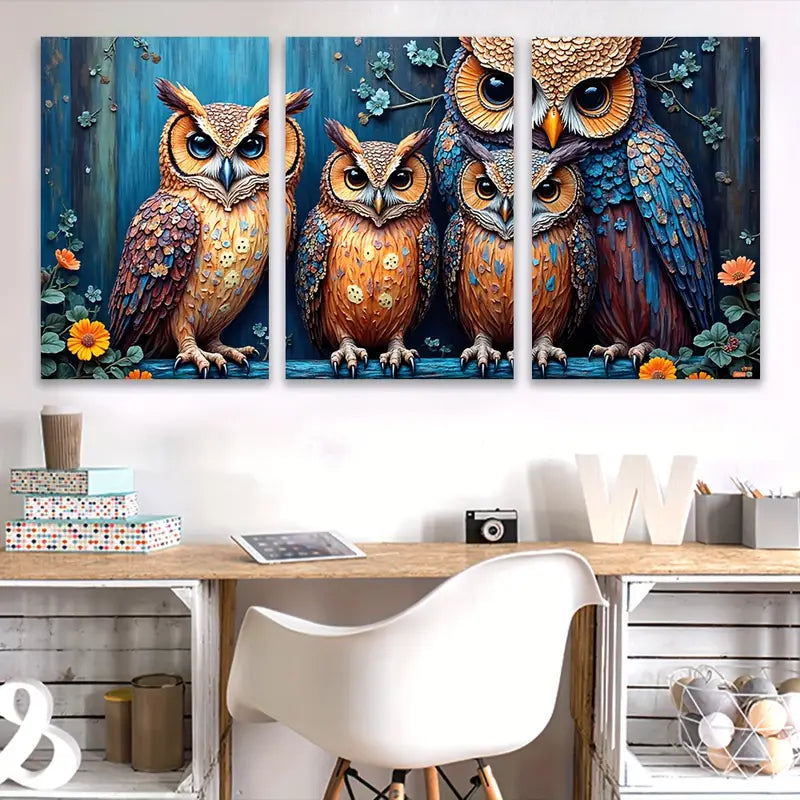 3pcs Owl Animal Painting Nature Theme Wall Art Set Canvas Framed 40x60cm - High Quality Print 100% Australian Made Wall Canvas Ready to Hang