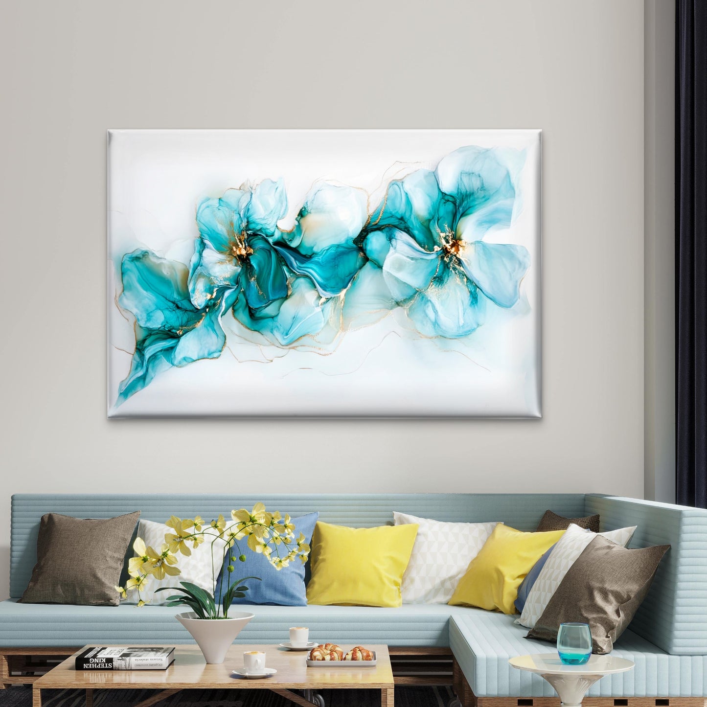 Modern Blue White Flowers Design Wall Art Decor 100% Australian Made