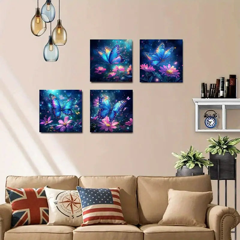 4pcs  Luminous Blue & Purple Butterflies   Wall Art Canvas Framed