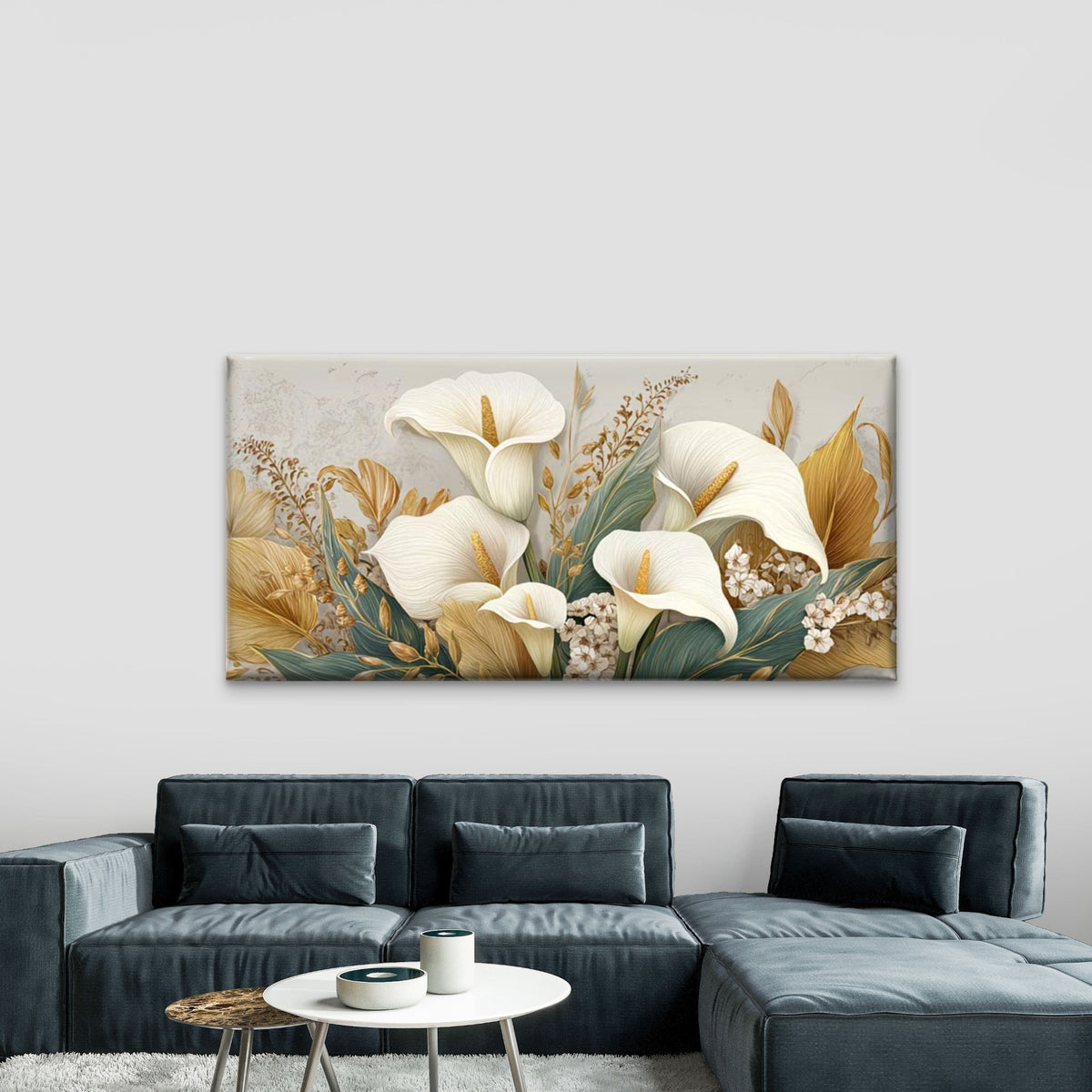 Calla Lilies & Golden Foliage Wall Art Canvas Office Home Room Framed 120x60cm
