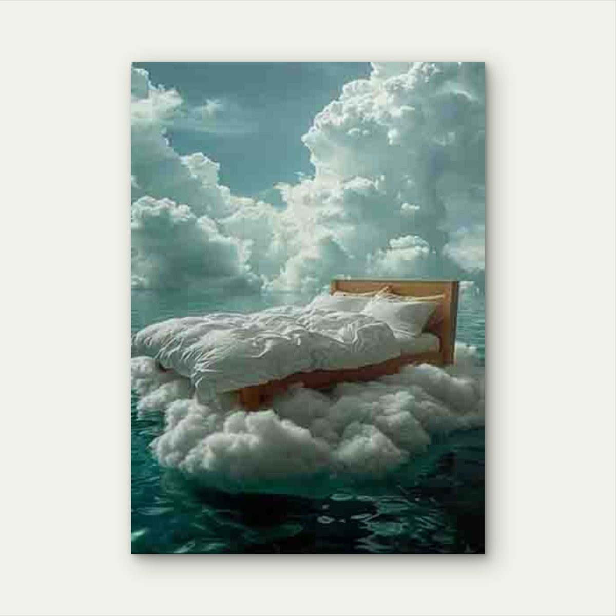 Bed Floating on Clouds Over Sea Metal Print Ready to Hang
