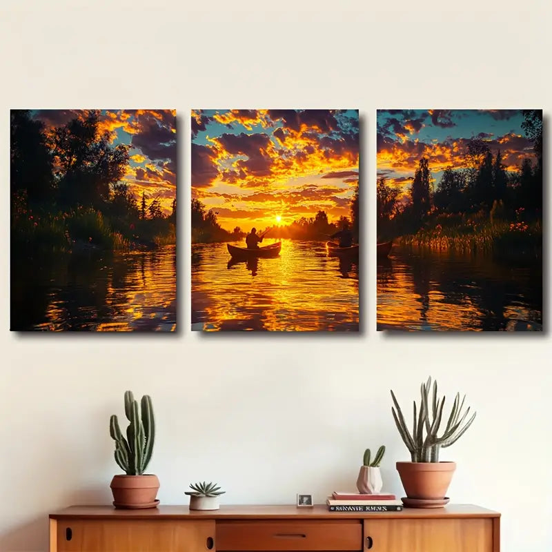 3pcs River at Dusk Tranquil Fishing Scene Wall Art Set Canvas Framed 40x60cm - High Quality Print 100% Australian Made Wall Canvas Ready to Hang