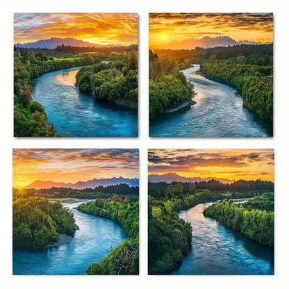 4pcs Serene Green Trees & Streams Sunset Scenes  Wall Art Canvas Framed