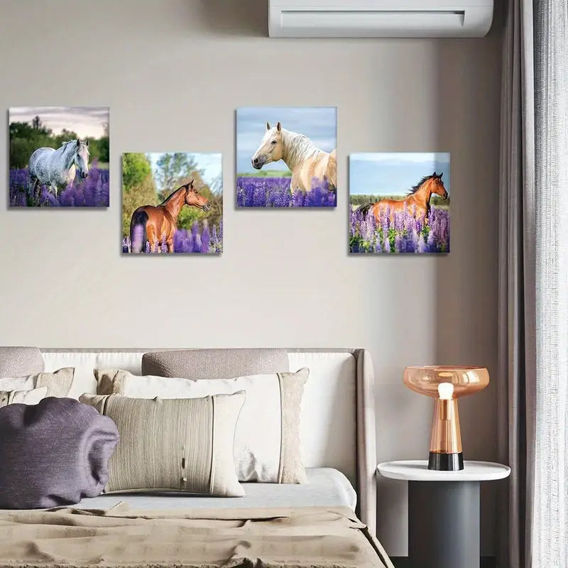 4pcs Elegant Purple Lavender & Horse Wall Art Canvas Framed