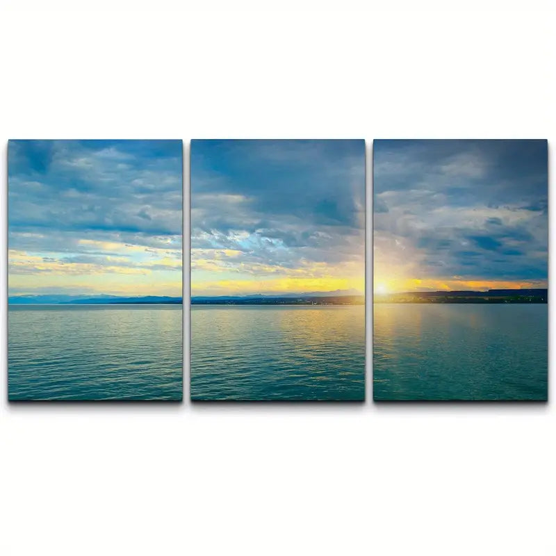 3pcs Dawn Above Sea & Blue Sky Stretched Metal Print Ready to Hang Art