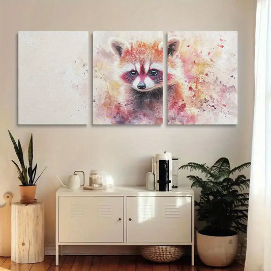 3pcs Youngsters Raccoon in Watercolor Playful Animal Metal Print Ready to Hang Art