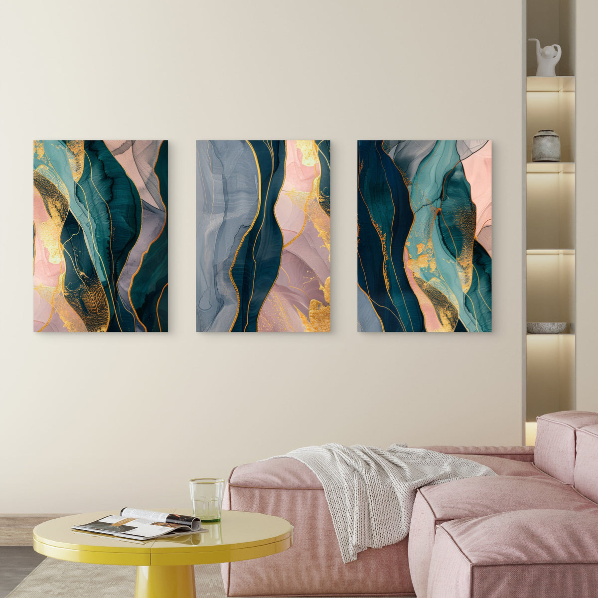 3pcs Teal Pink Abstract Gold Marble Wave Metal Print Ready to Hang Art