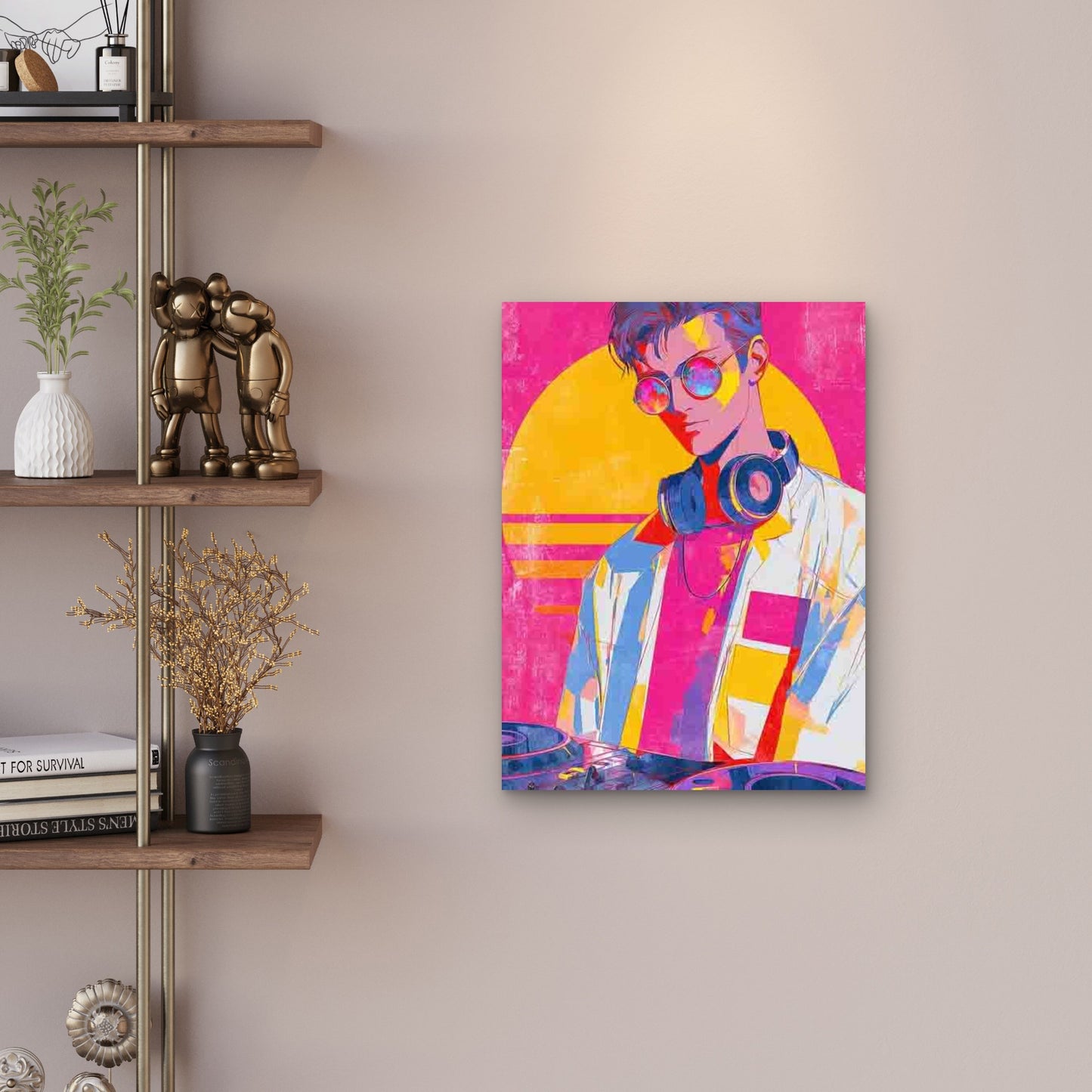 Vintage DJ with Pink Headphones 60x90cm Metal Print Ready to Hang