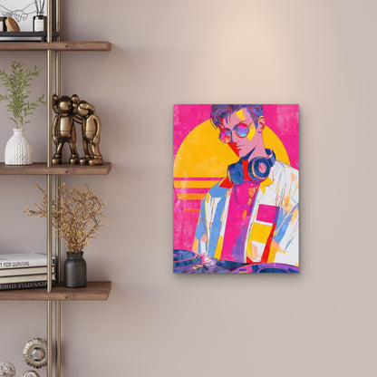 Vintage DJ with Pink Headphones 60x90cm Metal Print Ready to Hang
