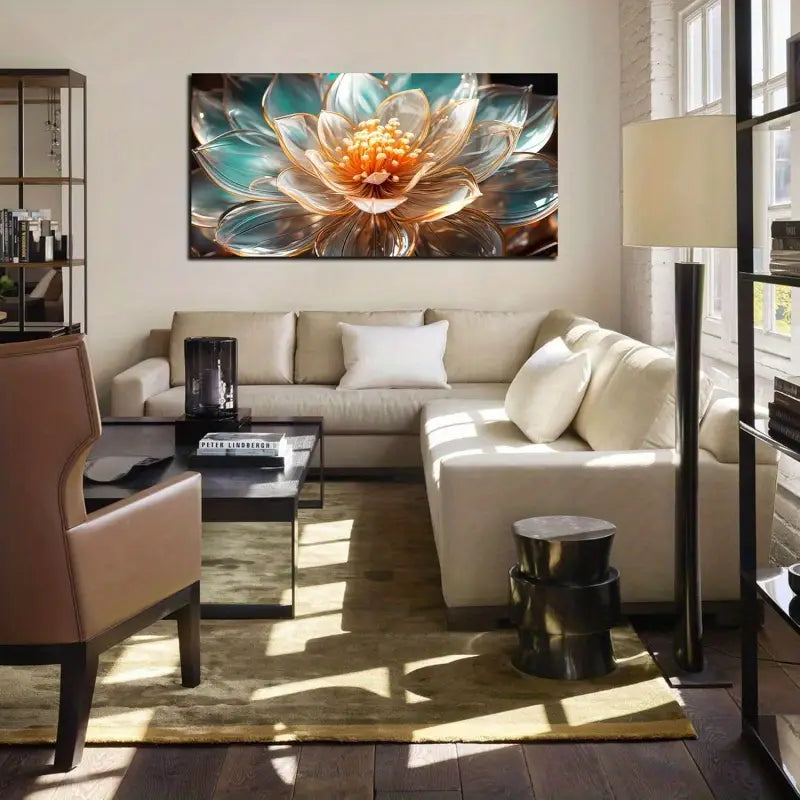 Stunning Gold & Blue Lotus Wall Art canvas office home room framed 120x60cm