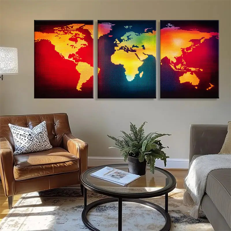 3pcs Geometric World Map Wall Art Set Metal Print Ready to Hang Art
