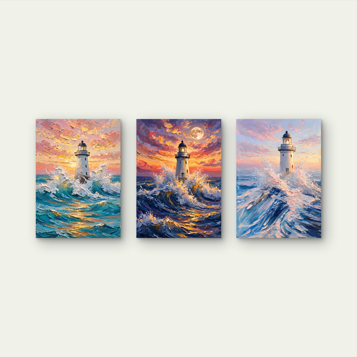 3pcs Coastal Lighthouse Ocean Wave Impasto Sunset Painting Wall Art Set Canvas Framed 60x90cm - High Quality Print 100% Australian Made Wall Canvas Ready to Hang