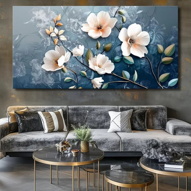 White Flower Blue Modern Floral Wall Art canvas office home room framed 120x60cm