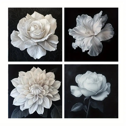 4pcs White Flowers On Black Background Wall Art Canvas Framed
