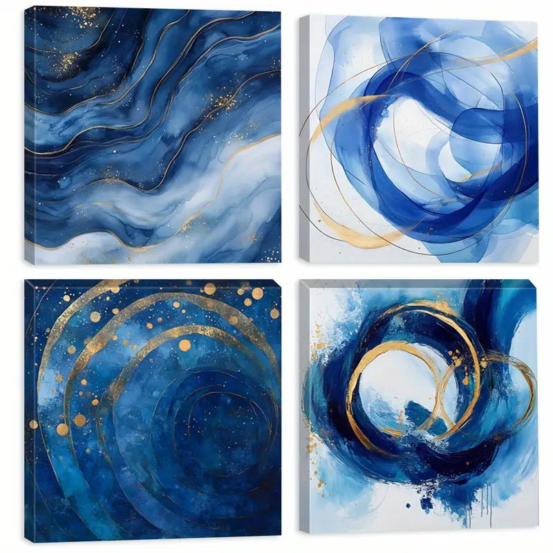 4pcs TBlue and Golden Swirls, Modern SM   Wall Art Canvas Framed