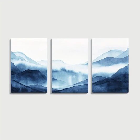 3pcs Blue Watercolor Mountain Nature Wall Art Set Canvas Framed 60x90cm - High Quality Print 100% Australian Made Wall Canvas Ready to Hang
