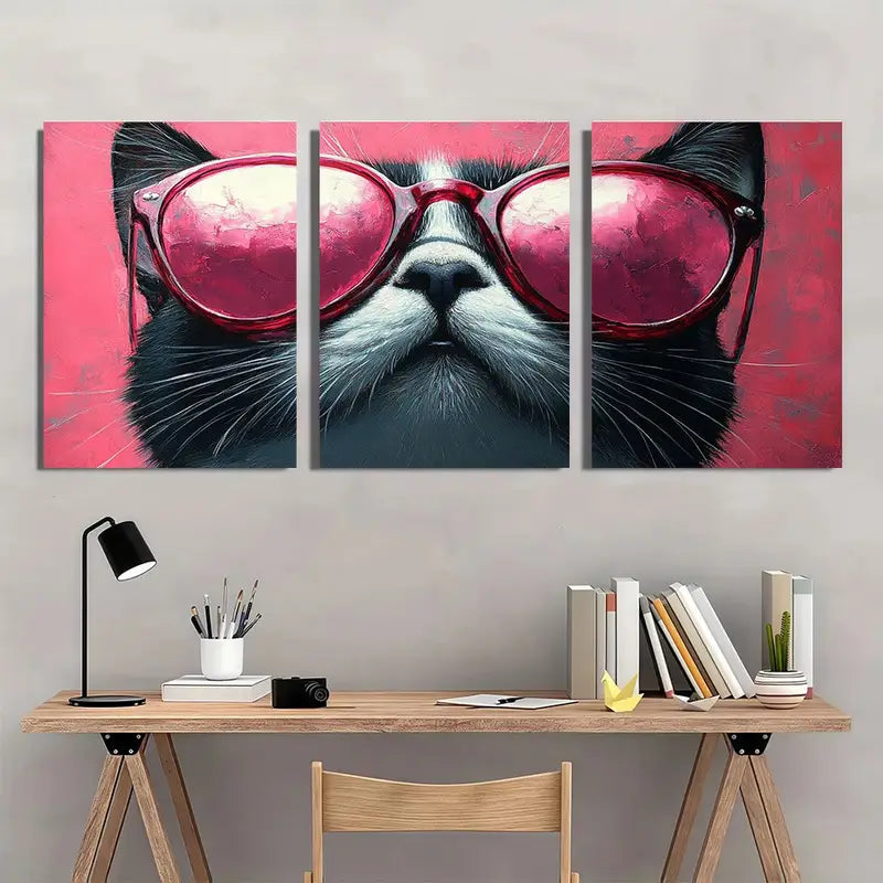 3pcs Chic Black & White Cat with Pink Glasses Metal Print Ready to Hang Art