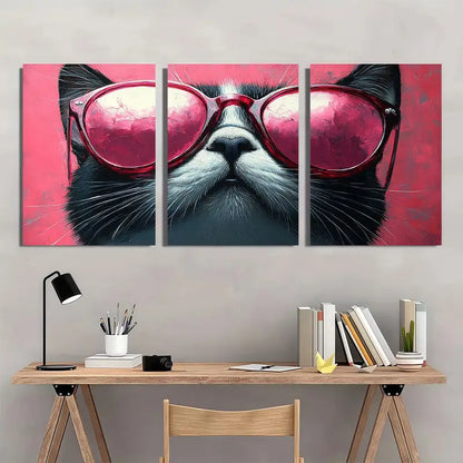 3pcs Chic Black & White Cat with Pink Glasses Metal Print Ready to Hang Art