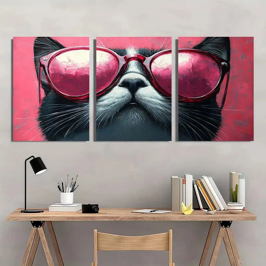 3pcs Chic Black & White Cat with Pink Glasses Metal Print Ready to Hang Art
