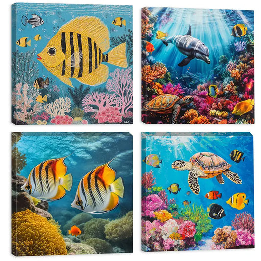 4pcs Marine Life Wall Art Decor, Coral Reefs  Wall Art Canvas Framed