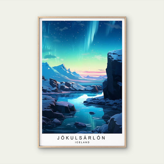 Iceland Jökulsárlón Glacier & Aurora Travel Poster Print Wall Art