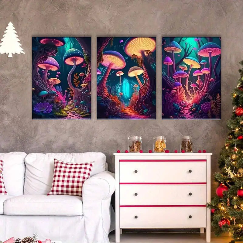 3pcs Mushroom Glowing Neon Forest Metal Print Ready to Hang Art