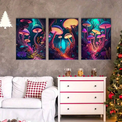 3pcs Mushroom Glowing Neon Forest Metal Print Ready to Hang Art