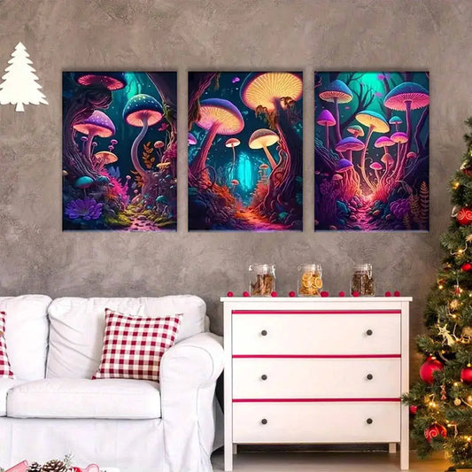 3pcs Mushroom Glowing Neon Forest Metal Print Ready to Hang Art