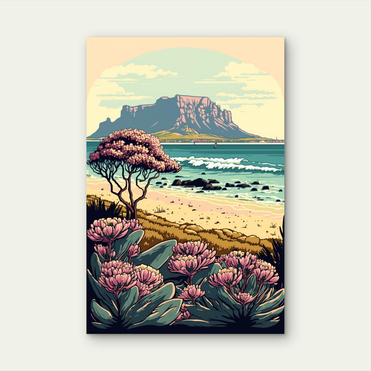 Table Mountain, Cape Town Illustration 60x90cm Metal Print Ready to Hang