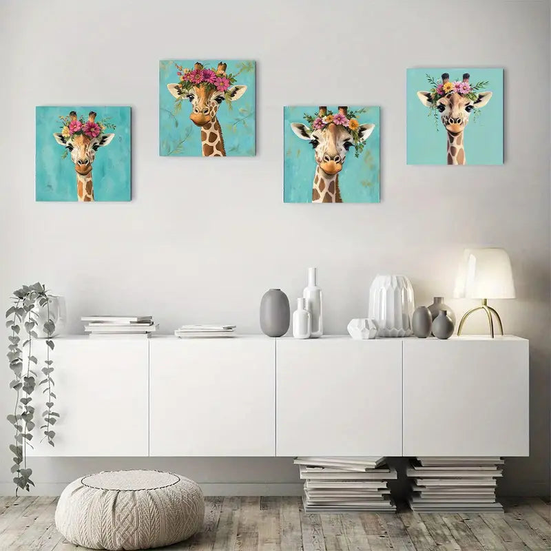 4pcs Vintage Giraffe Canvas Wall Art Canvas Framed