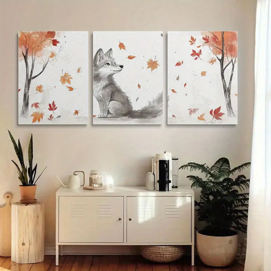 3pcs Autumn Leaf Design and Wolf Stunning Metal Print Ready to Hang Art